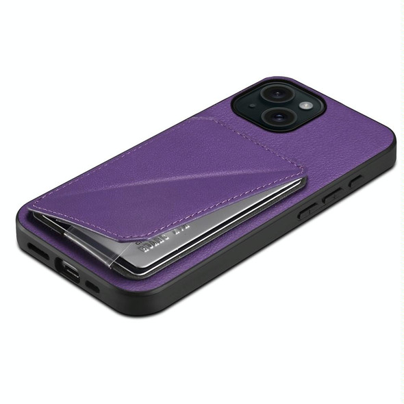 For iPhone 15 D04 Calf Texture Dual Card Slot Holder Phone Case(Purple)