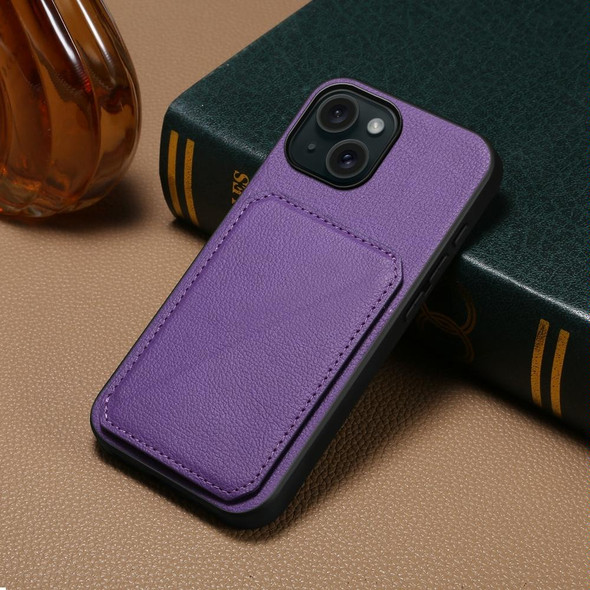 For iPhone 15 D04 Calf Texture Dual Card Slot Holder Phone Case(Purple)