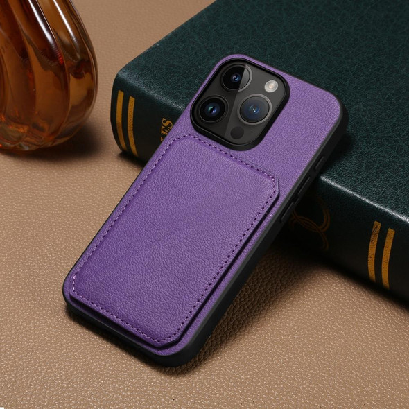 For iPhone 15 Pro D04 Calf Texture Dual Card Slot Holder Phone Case(Purple)