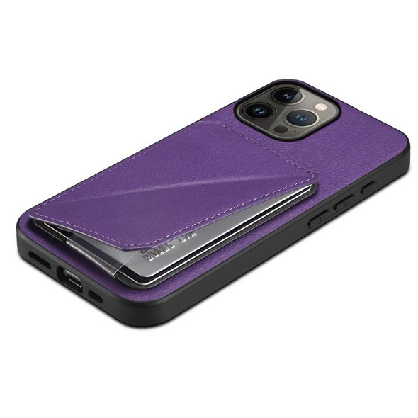 For iPhone 13 Pro Max D04 Calf Texture Dual Card Slot Holder Phone Case(Purple)