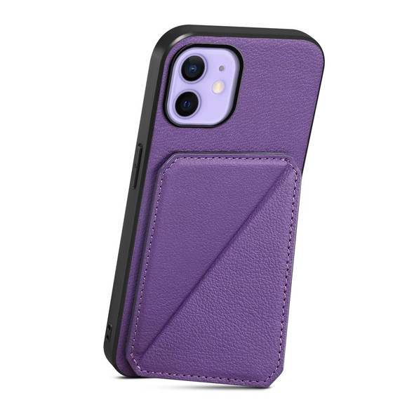 For iPhone 12 D04 Calf Texture Dual Card Slot Holder Phone Case(Purple)