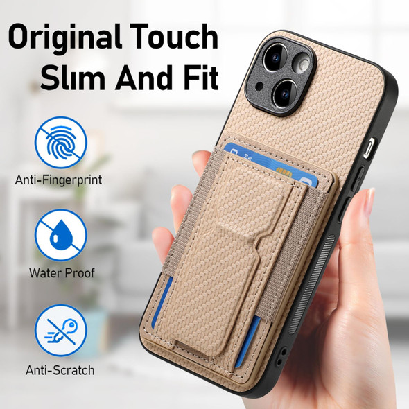 For iPhone X / XS Carbon Fiber Fold Stand Elastic Card Bag Phone Case(Khaki)