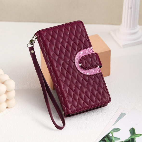 For iPhone 11 Pro Glitter Lattice Zipper Wallet Leather Phone Case(Wine Red)
