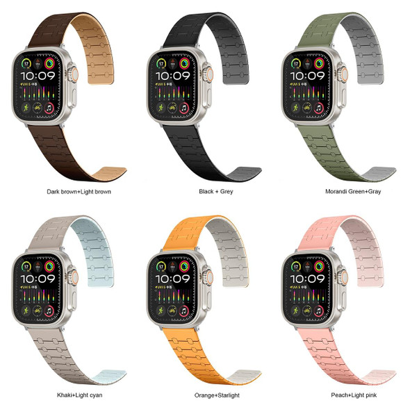 For Apple Watch Series 6 44mm Two Color Loop Magnetic Silicone Watch Band(Khaki+Light Green)
