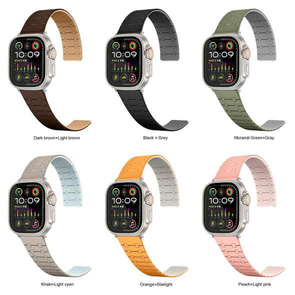 For Apple Watch SE 2023 44mm Two Color Loop Magnetic Silicone Watch Band(Dark Brown+Light Brown)