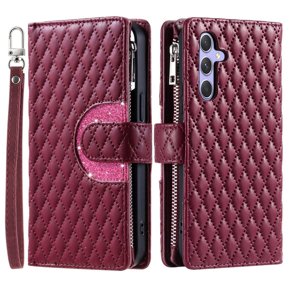 For Samsung Galaxy A15 4G/5G Glitter Lattice Zipper Wallet Leather Phone Case(Wine Red)
