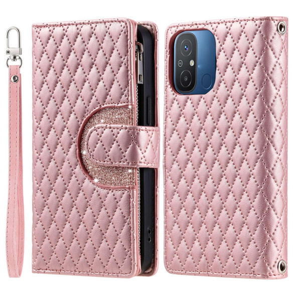 For Xiaomi Redmi 12C / 11A Glitter Lattice Zipper Wallet Leather Phone Case(Rose Gold)