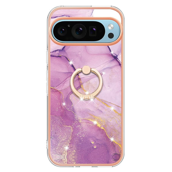 For Google Pixel 9 Pro Electroplating Marble IMD TPU Phone Case with Ring Holder(Purple 001)