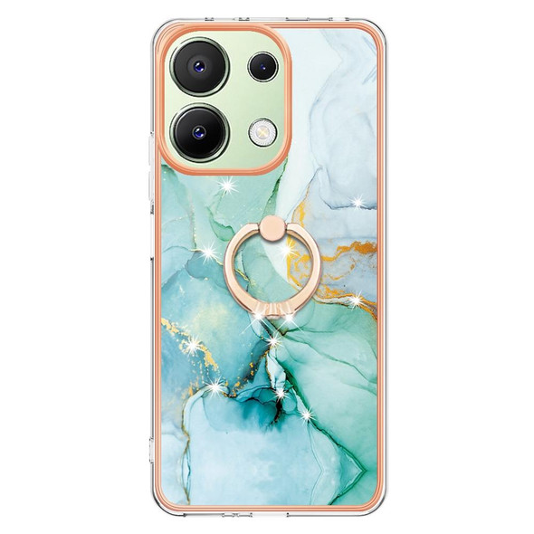 For Xiaomi Redmi Note 13 4G Global Electroplating Marble IMD TPU Phone Case with Ring Holder(Green 003)