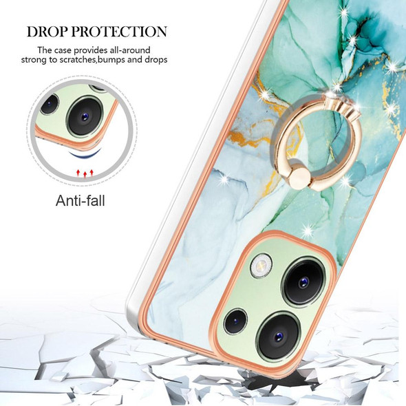 For Xiaomi Redmi Note 13 4G Global Electroplating Marble IMD TPU Phone Case with Ring Holder(Green 003)