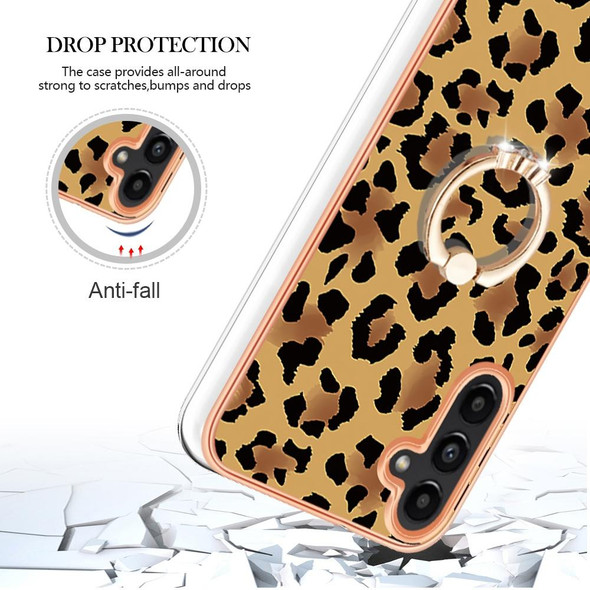 For Samsung Galaxy A35 Electroplating Dual-side IMD Phone Case with Ring Holder(Leopard Print)