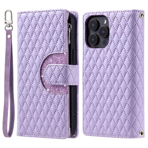 For iPhone 15 Pro Glitter Lattice Zipper Wallet Leather Phone Case(Purple)