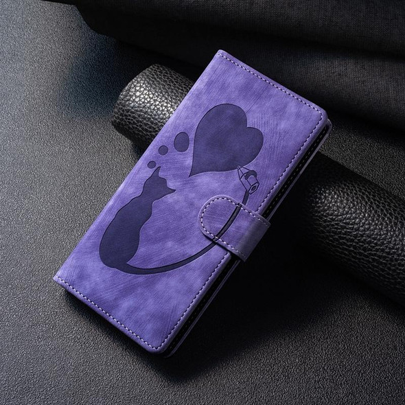 For Xiaomi Redmi Note 11S 4G / Note 12S Pen Heart Cat Embossed Leather Phone Case(Purple)