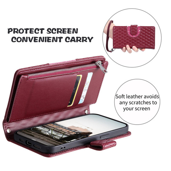 For Samsung Galaxy S23+ 5G Glitter Lattice Zipper Wallet Leather Phone Case(Wine Red)