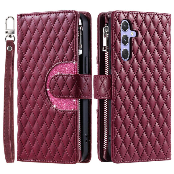 For Samsung Galaxy A14 4G Glitter Lattice Zipper Wallet Leather Phone Case(Wine Red)