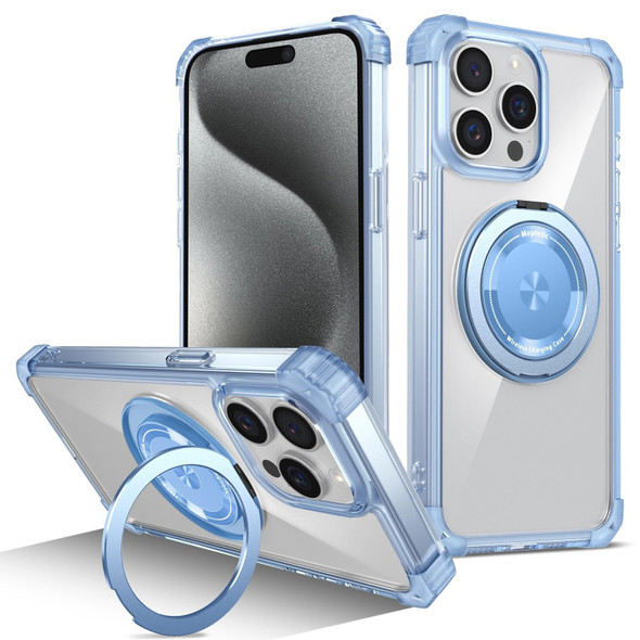 For iPhone 15 Pro Max Gold Shield CD Pattern MagSafe Magnetic Phone Case with Rotating Stand(Transparent Blue)