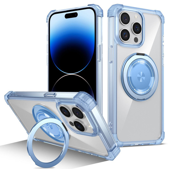 For iPhone 14 Pro Max Gold Shield CD Pattern MagSafe Magnetic Phone Case with Rotating Stand(Transparent Blue)