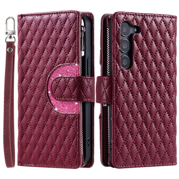 For Samsung Galaxy S23 5G Glitter Lattice Zipper Wallet Leather Phone Case(Wine Red)