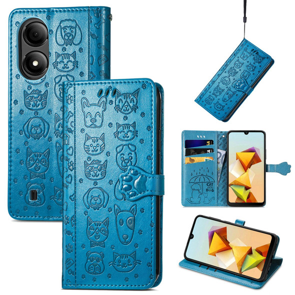 For ZTE Blade A33S Cat and Dog Embossed Leather Phone Case(Blue)