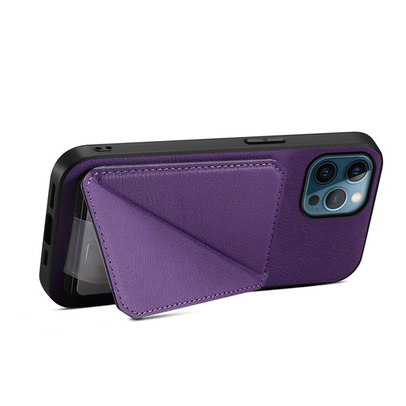 For iPhone 12 Pro D04 Calf Texture Dual Card Slot Holder Phone Case(Purple)