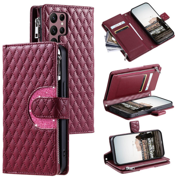 For Samsung Galaxy S22 Ultra 5G Glitter Lattice Zipper Wallet Leather Phone Case(Wine Red)