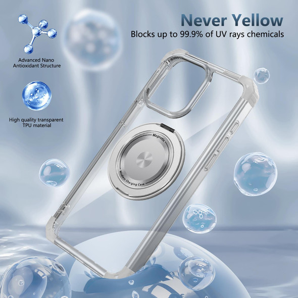 For iPhone 14 Pro Max Gold Shield CD Pattern MagSafe Magnetic Phone Case with Rotating Stand(Transparent)