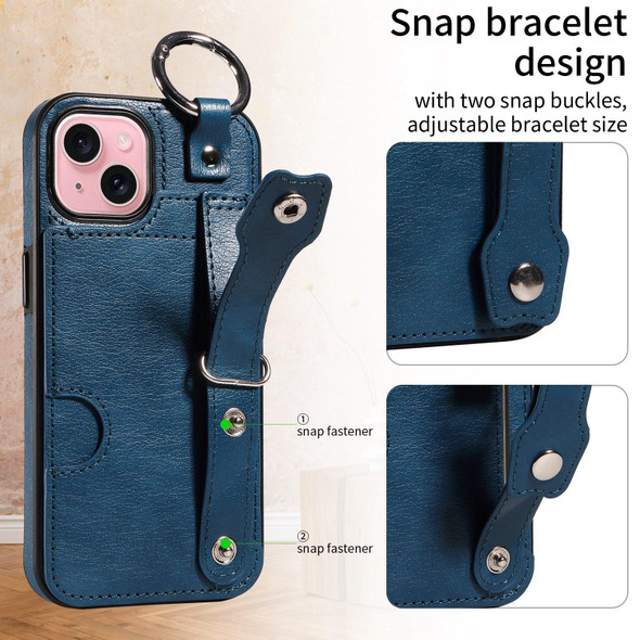 For iPhone 15 Plus Calf Texture Wrist Card Slot Ring Phone Case(Blue)