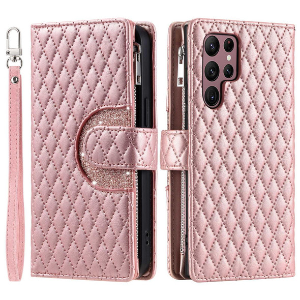 For Samsung Galaxy S24 Ultra 5G Glitter Lattice Zipper Wallet Leather Phone Case(Rose Gold)