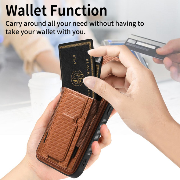 For iPhone 7 / 8 / SE 2022 Carbon Fiber Fold Stand Elastic Card Bag Phone Case(Brown)