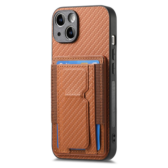 For iPhone 7 / 8 / SE 2022 Carbon Fiber Fold Stand Elastic Card Bag Phone Case(Brown)