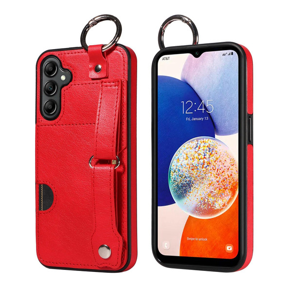 For Samsung Galaxy A14 4G/5G Calf Texture Wrist Card Slot Ring Phone Case(Red)