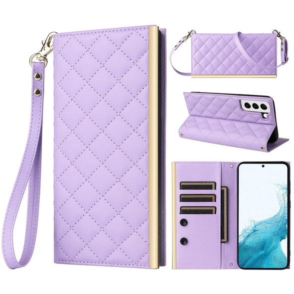 For Samsung Galaxy S21 FE 5G Crossbody Rhombic Sucker Leather Phone Case(Purple)