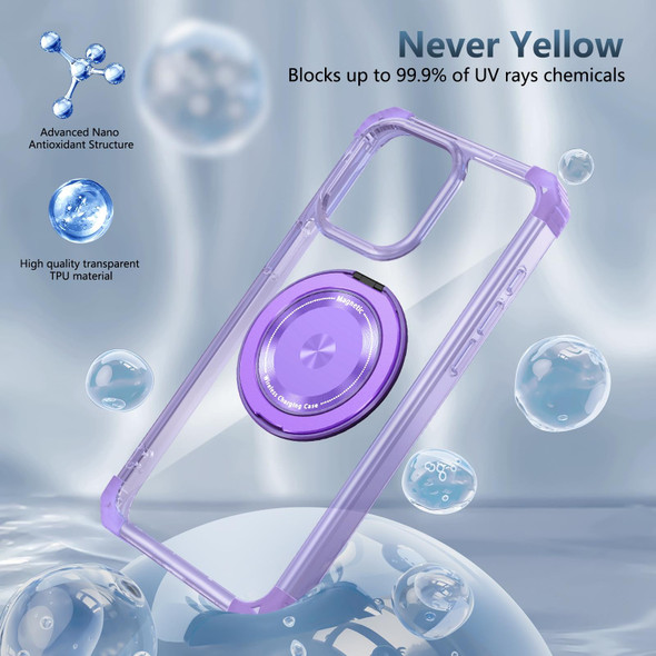 For iPhone 15 Pro Max Gold Shield CD Pattern MagSafe Magnetic Phone Case with Rotating Stand(Transparent Purple)