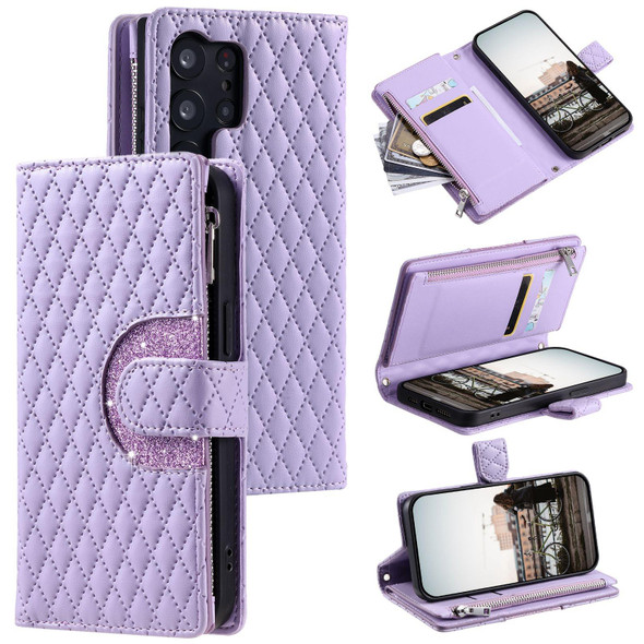 For Samsung Galaxy S23 Ultra 5G Glitter Lattice Zipper Wallet Leather Phone Case(Purple)