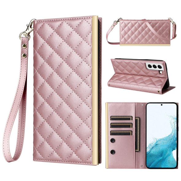 For Samsung Galaxy S22+ 5G Crossbody Rhombic Sucker Leather Phone Case(Rose Gold)