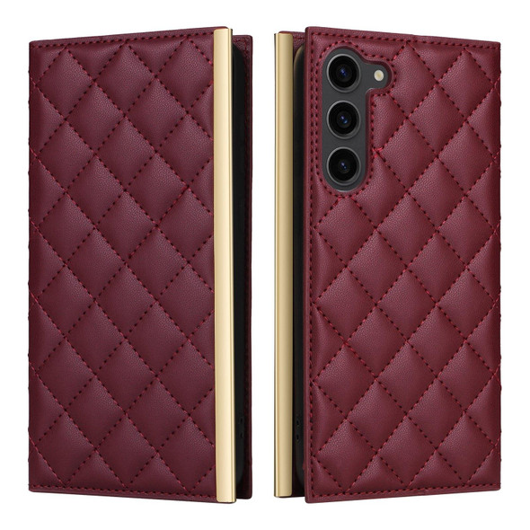 For Samsung Galaxy S23 5G Crossbody Rhombic Sucker Leather Phone Case(Claret)