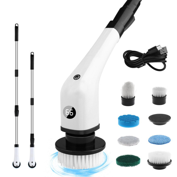 Cordless Electric Spin Scrubber Extension Handle with 7 Replacement Heads(White)