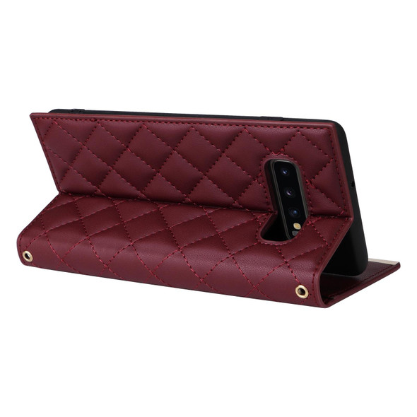 For Samsung Galaxy S10+ Crossbody Rhombic Sucker Leather Phone Case(Claret)