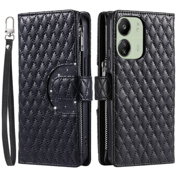 For Xiaomi Redmi 13C 4G/5G Glitter Lattice Zipper Wallet Leather Phone Case(Black)