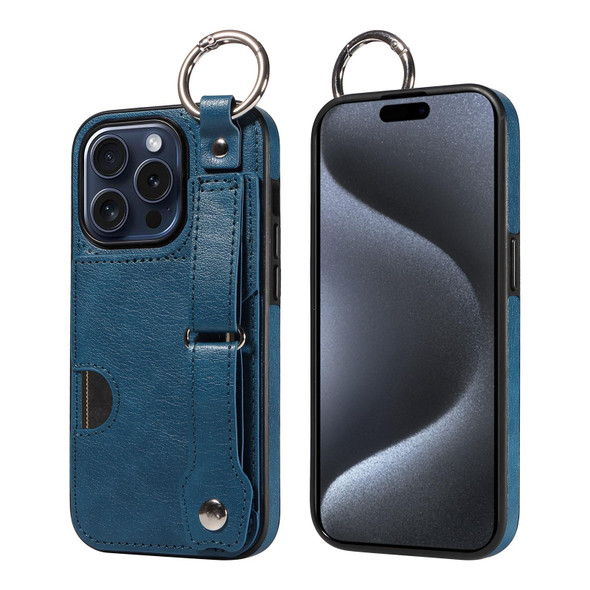 For iPhone 15 Pro Max Calf Texture Wrist Card Slot Ring Phone Case(Blue)