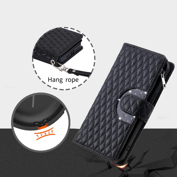 For iPhone 13 Glitter Lattice Zipper Wallet Leather Phone Case(Black)