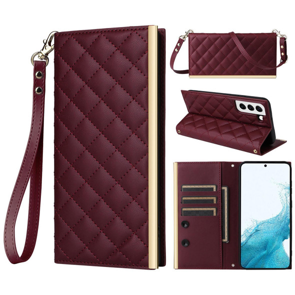 For Samsung Galaxy S21+ 5G Crossbody Rhombic Sucker Leather Phone Case(Claret)