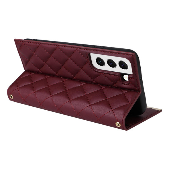 For Samsung Galaxy S22 5G Crossbody Rhombic Sucker Leather Phone Case(Claret)