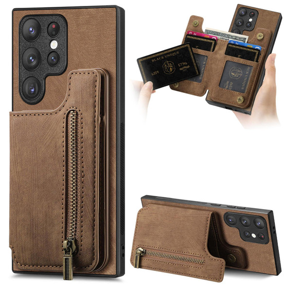 For Samsung Galaxy S22 Ultra 5G Retro Leather Zipper Wallet Back Phone Case(Brown)