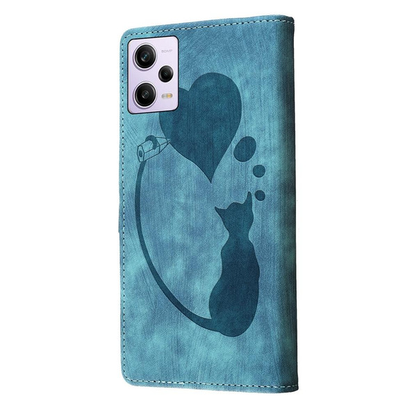 For Xiaomi Redmi Note 12 Pro 5G Global Pen Heart Cat Embossed Leather Phone Case(Blue)