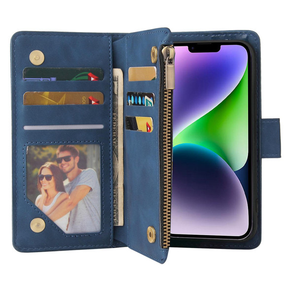 For iPhone 15 Multifunctional Multi-Card Wallet Phone Leather Case(Blue)