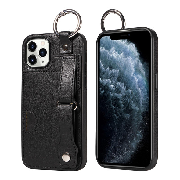 For iPhone 11 Pro Calf Texture Wrist Card Slot Ring Phone Case(Black)