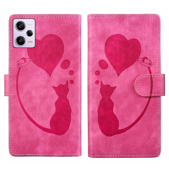 For Xiaomi Redmi Note 12 Pro 5G Global Pen Heart Cat Embossed Leather Phone Case(Pink)