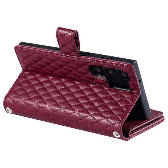 For Samsung Galaxy S23 Ultra 5G Glitter Lattice Zipper Wallet Leather Phone Case(Wine Red)