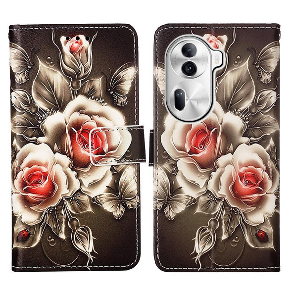 For OPPO Reno11 Pro 5G Global Colored Drawing Pattern Plain Weave Leather Phone Case(Roses On Black)